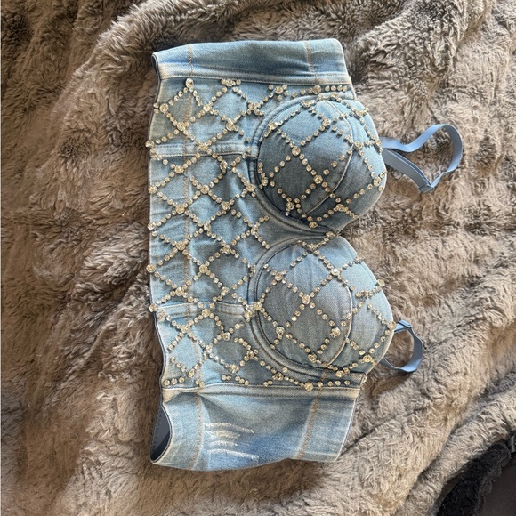 Source Unknown Tops - Source Unknown Blue Denim Pearl Embellished Crop Top